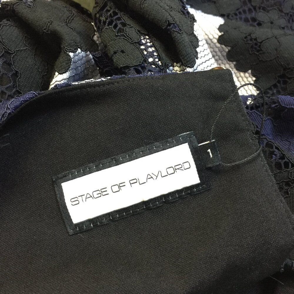 New! Stage of Playlord Dress Sz 1 US 6/S Womans Navy Black Lace 3/4 Bell Sleeve - Picture 4 of 14